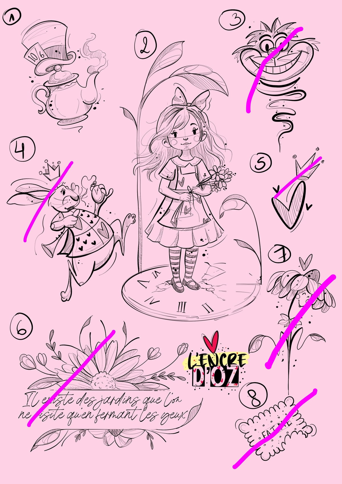Alice fine line — Flash tattoo symbolique — L'encre d'Oz Agde