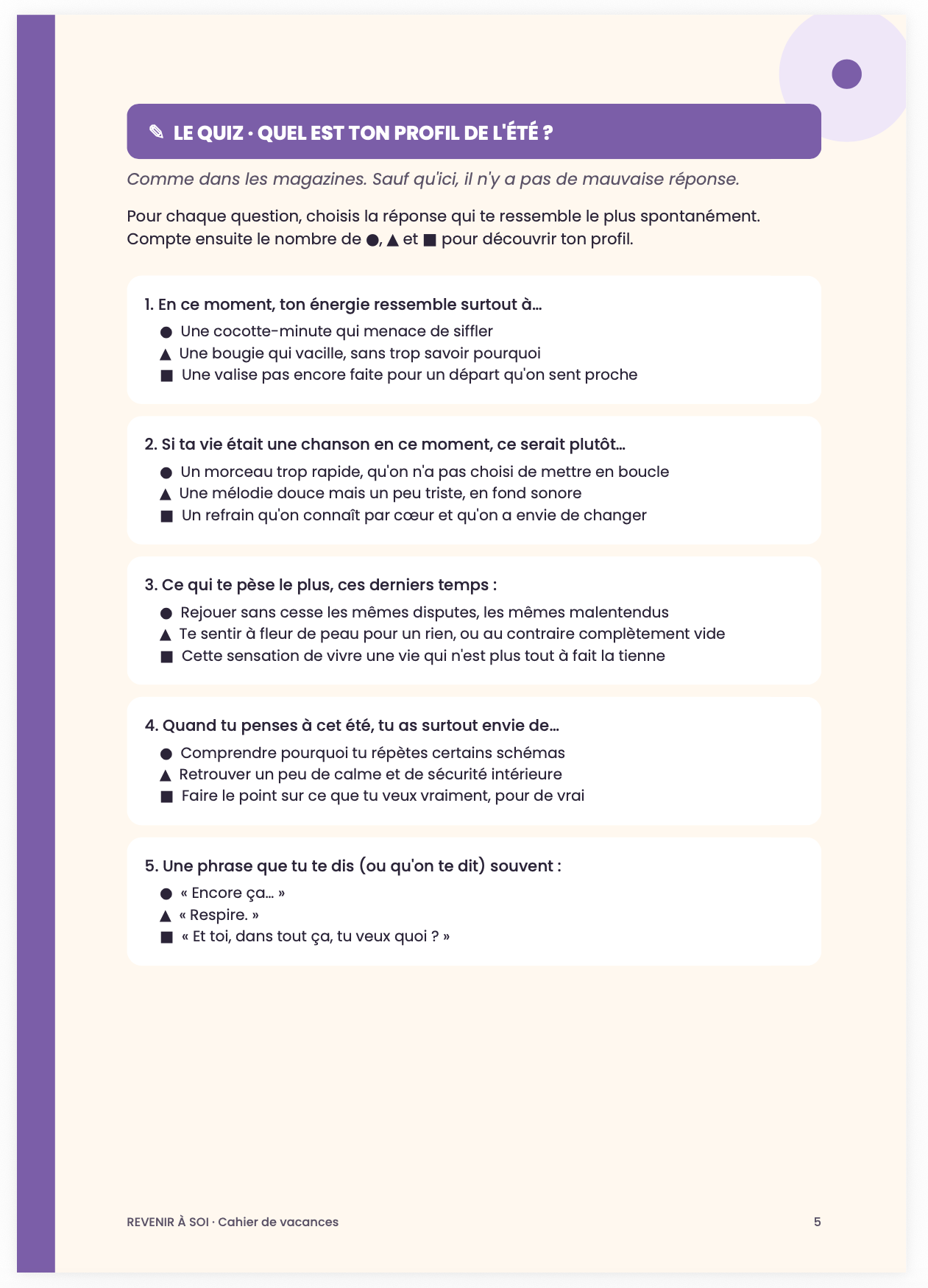 Revenir à soi le cahier de vacances